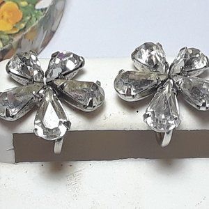 Estate Pear Cut Rhinestone Flower Screw On Phyllis Sterling Silver Earring#18464